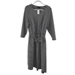 Lane Bryant Dress Fit Flare Black White Striped Belted Ponte Knit New Si…